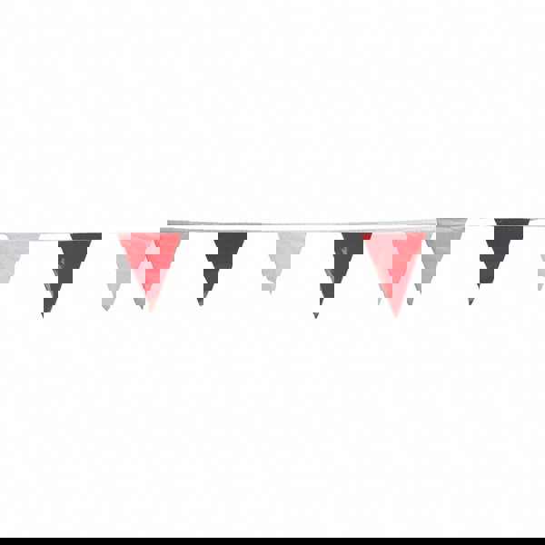 Pennants; Color: Red/White ; Overall Length (Feet): 60.00 ; Pennant Length (Inch): 18 ; Pennant Width (Inch): 12 ; Material: Vinyl ; Tensile Strength (Lb./Inch): 107