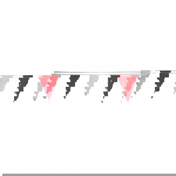 Pennants; Color: Red/White ; Overall Length (Feet): 100.00 ; Pennant Length (Inch): 18 ; Pennant Width (Inch): 12 ; Material: Vinyl ; Tensile Strength (Lb./Inch): 107