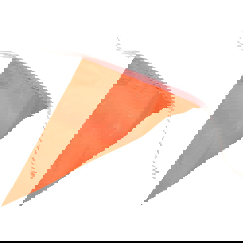 Pennants; Color: Orange ; Overall Length (Feet): 100.00 ; Pennant Length (Inch): 18 ; Pennant Width (Inch): 12 ; Material: Vinyl ; Tensile Strength (Lb./Inch): 107