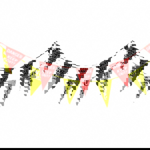 Pennants; Color: Red/Yellow ; Overall Length (Feet): 60.00 ; Pennant Length (Inch): 18 ; Pennant Width (Inch): 12 ; Material: Vinyl ; Tensile Strength (Lb./Inch): 107