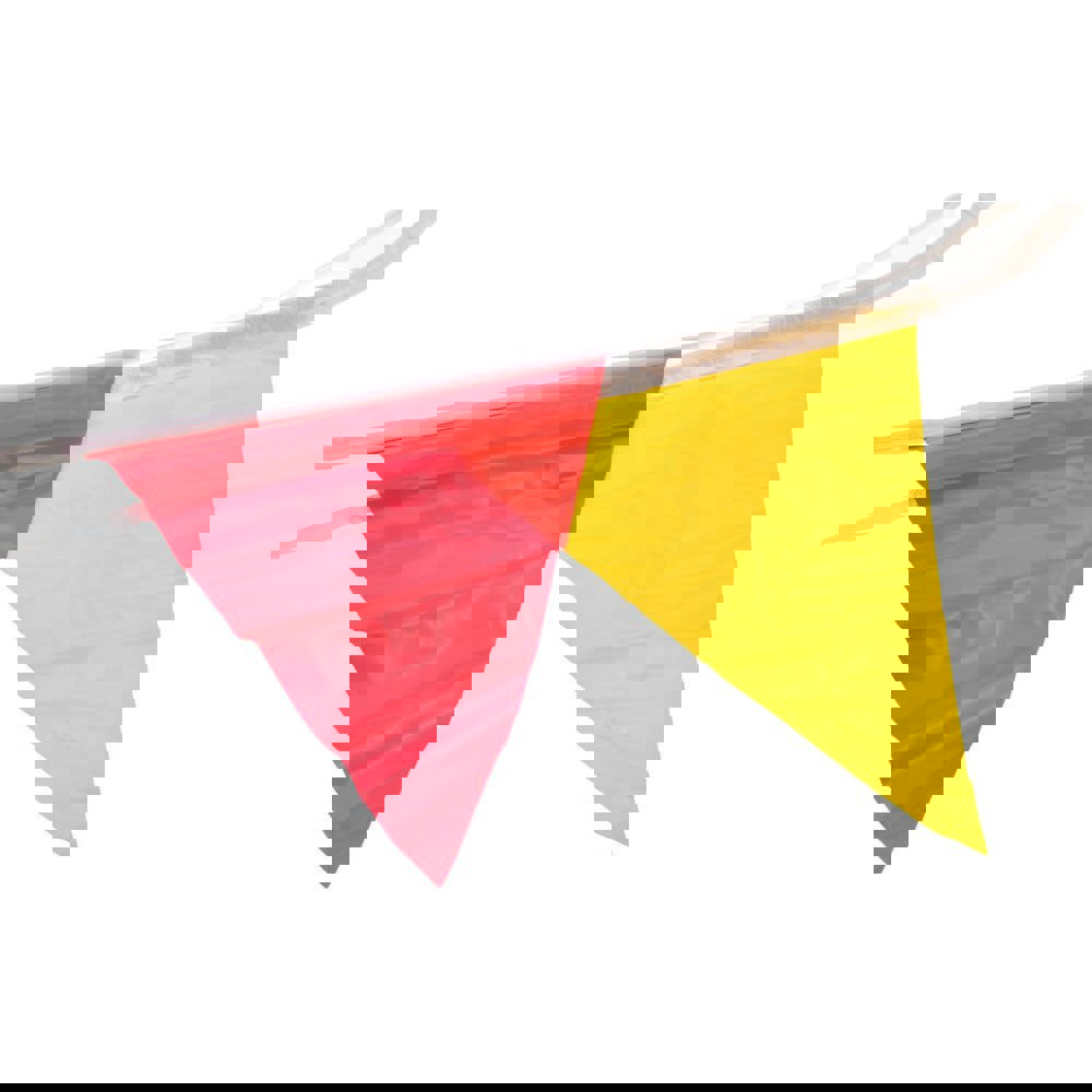 Pennants; Color: Red/Yellow ; Overall Length (Feet): 105.00 ; Pennant Length (Inch): 18 ; Pennant Width (Inch): 12 ; Material: Vinyl ; Tensile Strength (Lb./Inch): 107