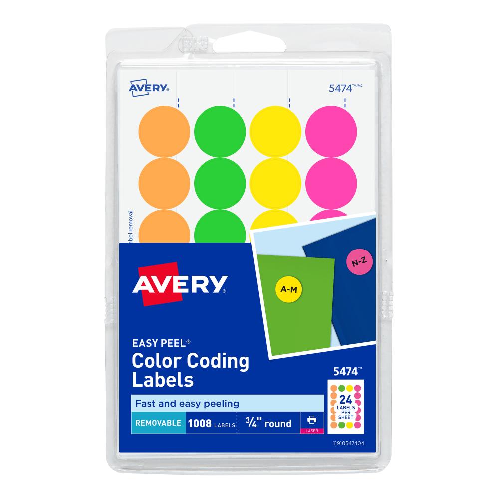 Labels, Ribbons & Tapes; Type: Color-coding labels; 3/4 round ; Color Family: Assorted ; Color: Flouorescent Green; Fluorescent Orange; Fluorescent Pink; Fluorescent Yellow ; Number Of Labels Per Roll: 1008 ; Label Diameter (Inch): 3/4