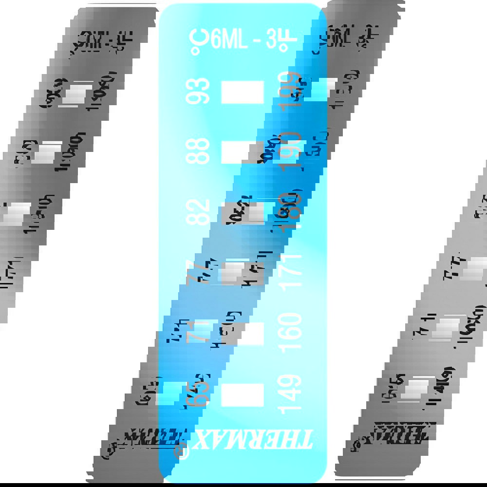 Temperature Indicating Labels; Indicator Use: One Time ; Temperature Rating: 65; 71; 77; 82; 88; 93 ; Accuracy: +/-1.0C ; Overall Height: 0.47 ; Overall Width: 1 ; Application: Permanent indication of highest temperature reached