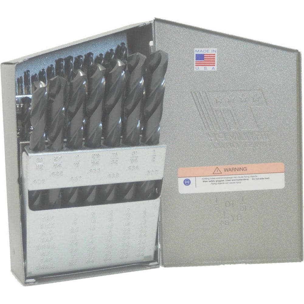 Drill Bit Set: Reduced Shank Drill Bits, 15.0 Pc, 118 deg, High-Speed Steel