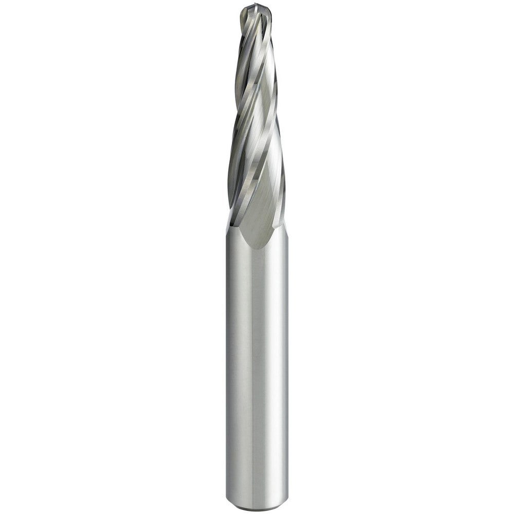 Tapered End Mills; Mill Diameter (Decimal Inch): 0.1575 ; Mill Diameter (mm): 4.00 ; Length of Cut (mm): 30.0000 ; Taper Angle Per Side: 4.00 ; End Mill Material: Solid Carbide ; End Shape: Ball