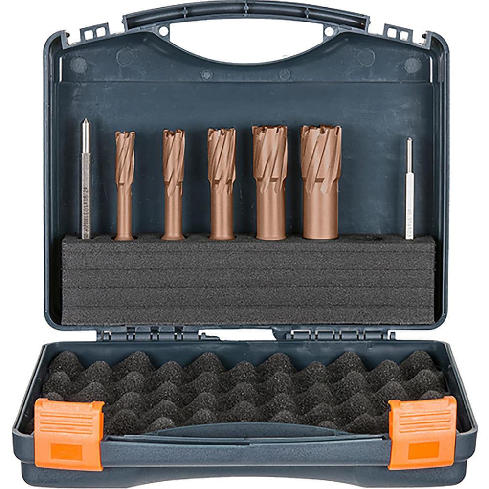 Annular Cutter Sets; Minimum Cutter Diameter: 0.6875; 0.75; 0.8125; 0.9375in ; Maximum Cutter Diameter: 0.6875; 0.75; 0.8125; 0.9375in ; Coated: Coated ; Coating: TiAlN ; Includes: 2x Pilots; 11/16; 3/4; 13/16; 15/16