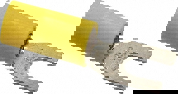 Locking Fork Terminal: Yellow, Vinyl, Partially Insulated, #10 Stud, Crimp