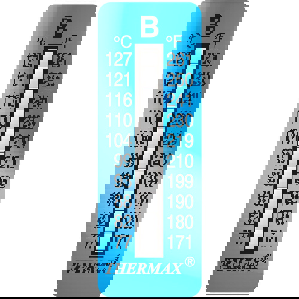 Temperature Indicating Labels; Indicator Use: One Time ; Temperature Rating: 77; 82; 88; 93; 99; 104; 110; 116; 121; 127 ; Accuracy: +/-1.5C ; Overall Height: 0.7 ; Overall Width: 2 ; Application: Permanent indication of highest temperature reached