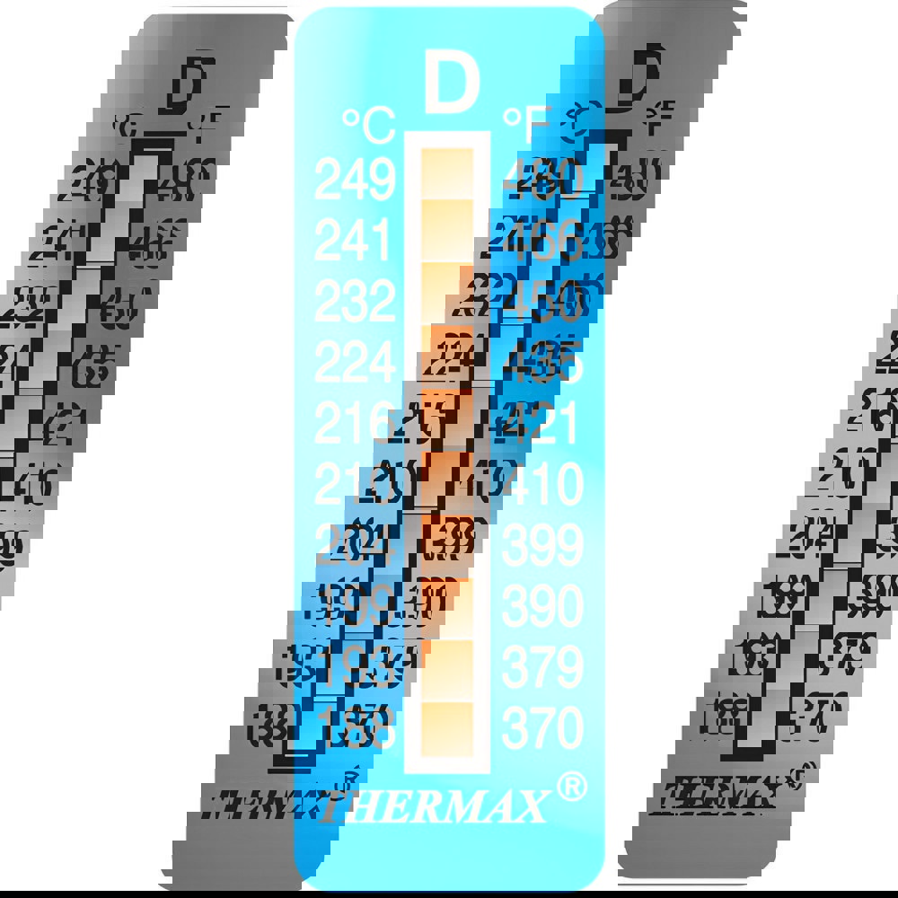 Temperature Indicating Labels; Indicator Use: One Time ; Temperature Rating: 188; 193; 199; 204; 210; 216; 224; 232; 241; 249 ; Accuracy: +/-4C ; Overall Height: 0.7 ; Overall Width: 2 ; Application: Permanent indication of highest temperature reached
