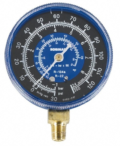 Automotive Replacement Gauges; Type: Universal Compound Replacement Gauge ; Reading: psi/kPa pressure readings, R-22 and R-134a temperature readings in degrees Fahrenheit ; Face Color: Black/Blue ; UNSPSC Code: 41113600