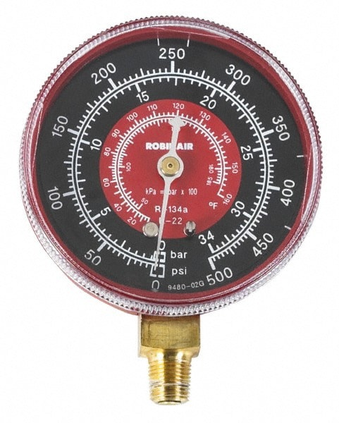 Automotive Replacement Gauges; Type: Universal Pressure Replacement Gauge ; Reading: psi/kPa pressure readings, R-22 and R-134a temperature readings in degrees Fahrenheit ; Face Color: Black/Red ; UNSPSC Code: 41113600