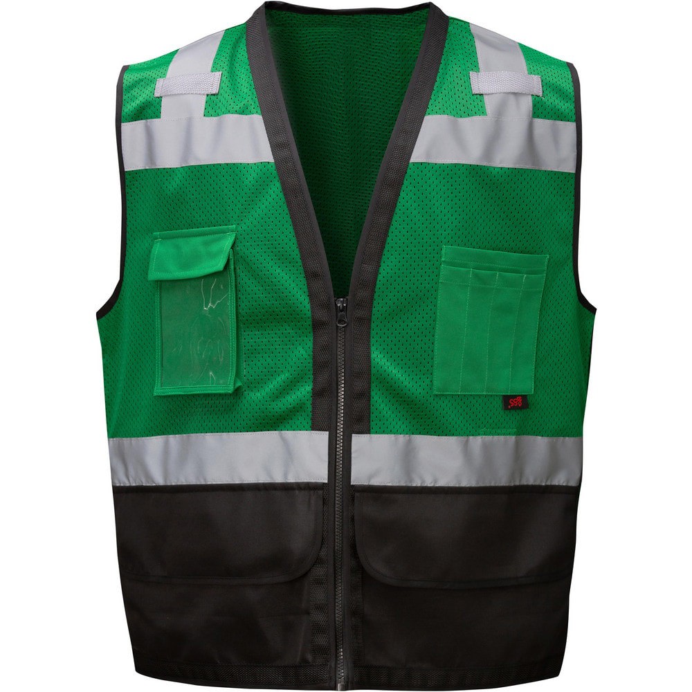 High Visibility Vests; Size: 2X-Large/3X-Large ; Color: Kelly Green; Black ; Gender: Unisex ; Closure Type: Zipper ; Number of Pockets: 7 ; Chest Size (Inch): 30-32