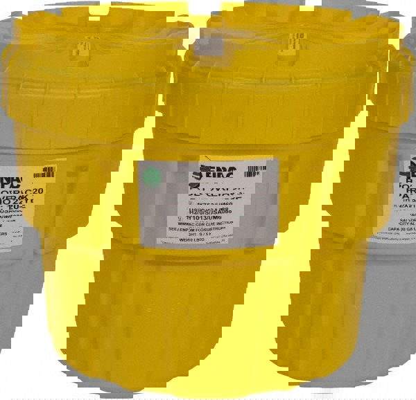20 Gallon Capacity, Half Turn Push Down Lid, Yellow Salvage Drum