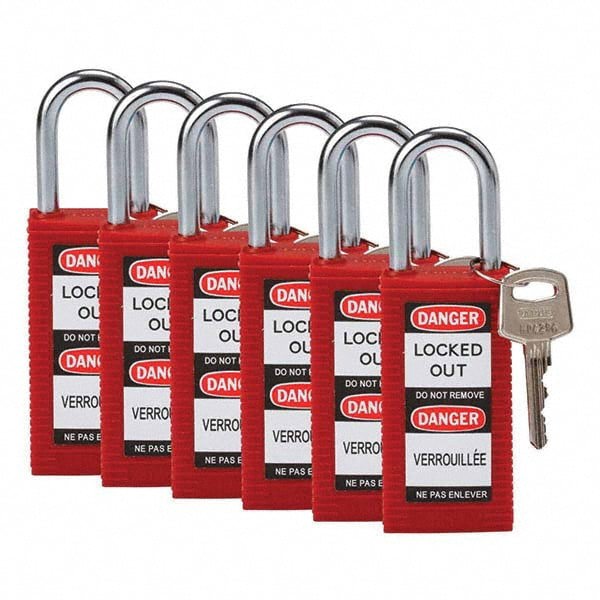 Lockout Padlock: Keyed Alike, Key Retaining, Nylon, Nylon Shackle, Red