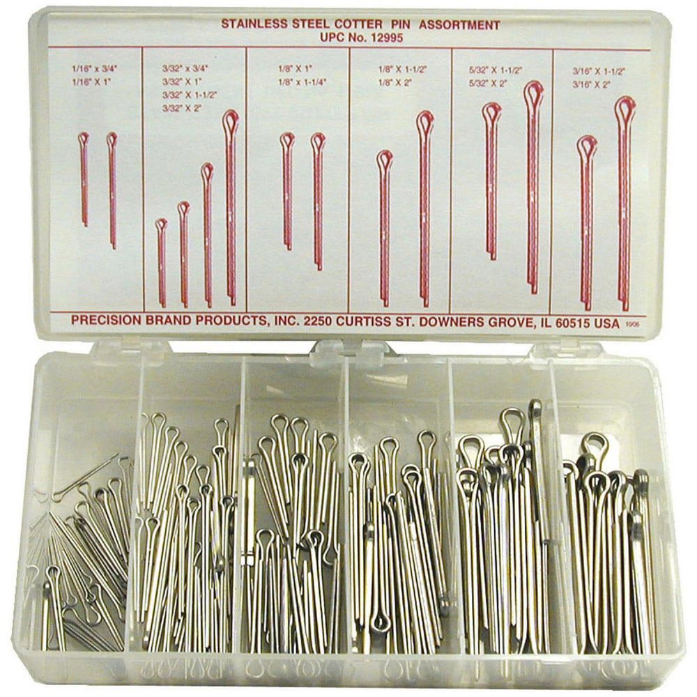 Pin & Clip Assortments; Fastener Types Included: Cotter Pins ; Material: Stainless Steel ; Minimum Fastener Size: 0.0625in ; Maximum Fastener Size: 0.1875in ; Minimum Length: 0.75in ; Maximum Length: 2.00