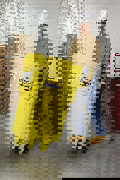 95 Gallon Capacity, Half Turn Push Down Lid, Yellow Salvage Drum w/Wheels