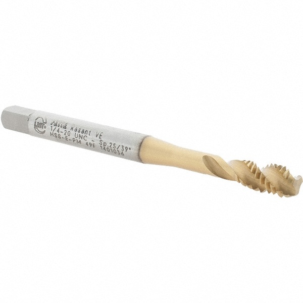 Spiral Flute Tap: 1/4-20, UNC, 3 Flute, Bottoming, 2B & 3B Class of Fit, High Speed Steel, TiCN Plus Finish
