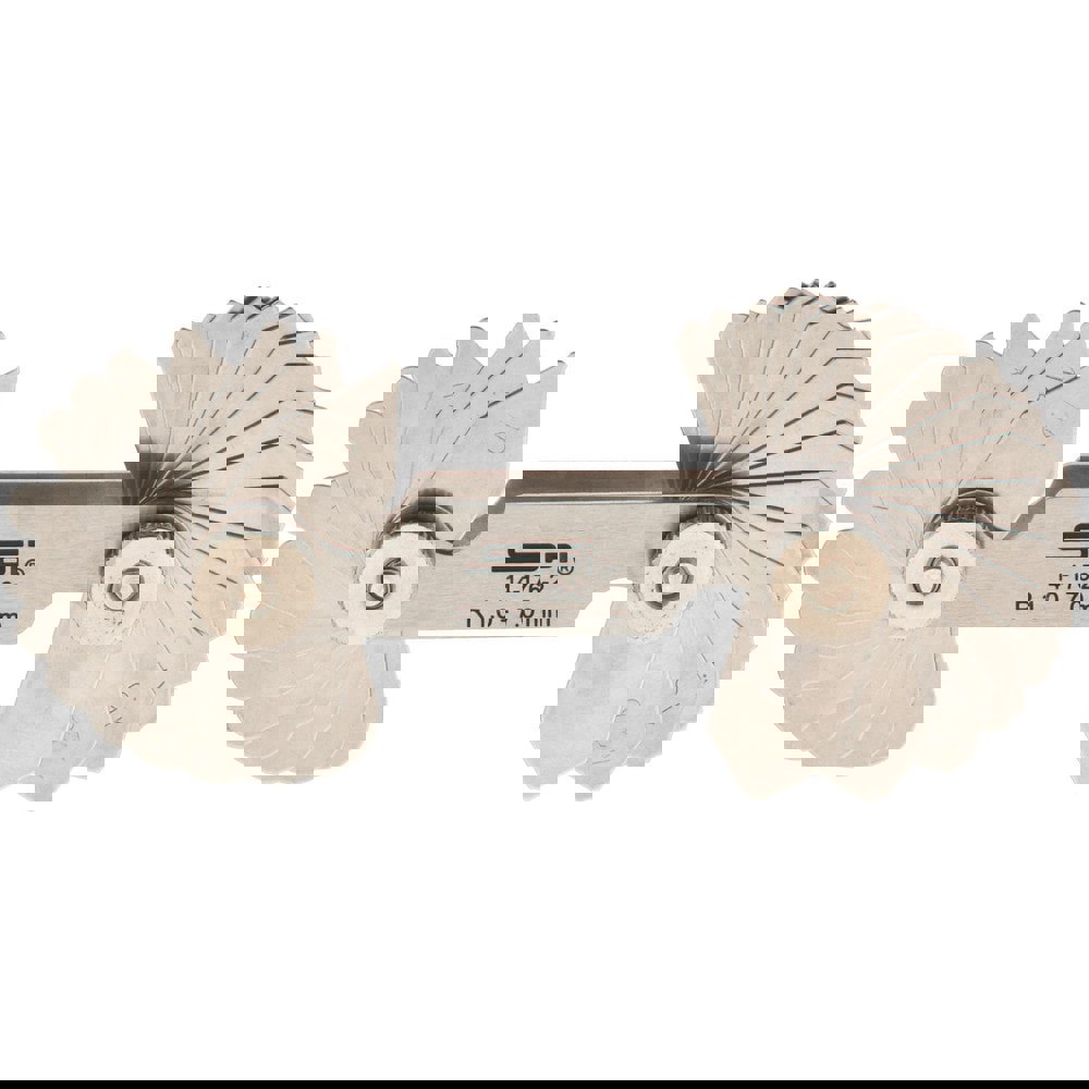 Radius Gage Set: Stainless Steel, 1 to 7 mm Radius, 0.25 mm Graduation, 34 pc