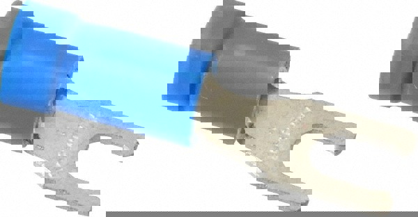 Locking Fork Terminal: Blue, Vinyl, Partially Insulated, #6 Stud, Crimp