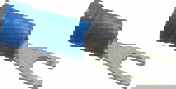 Locking Fork Terminal: Blue, Vinyl, Partially Insulated, #8 Stud, Crimp