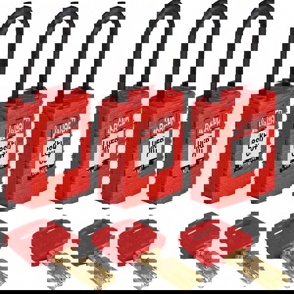 Lockout Padlock: Keyed Alike, Key Retaining, Nylon, Plastic Shackle, Red