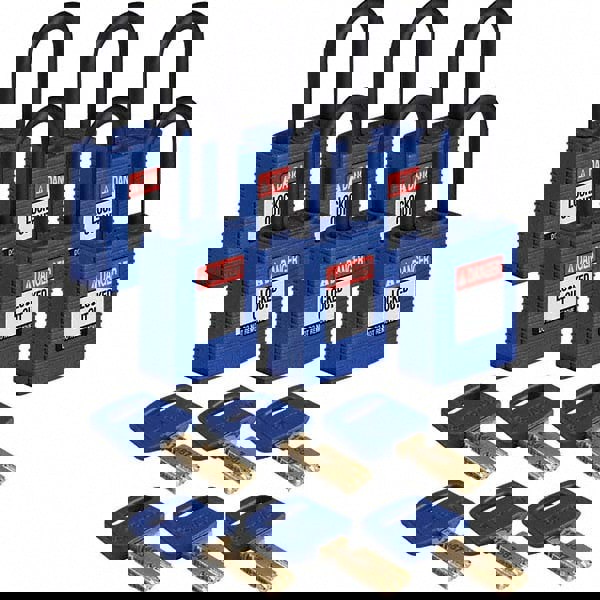 Lockout Padlock: Keyed Alike, Key Retaining, Nylon, Plastic Shackle, Blue