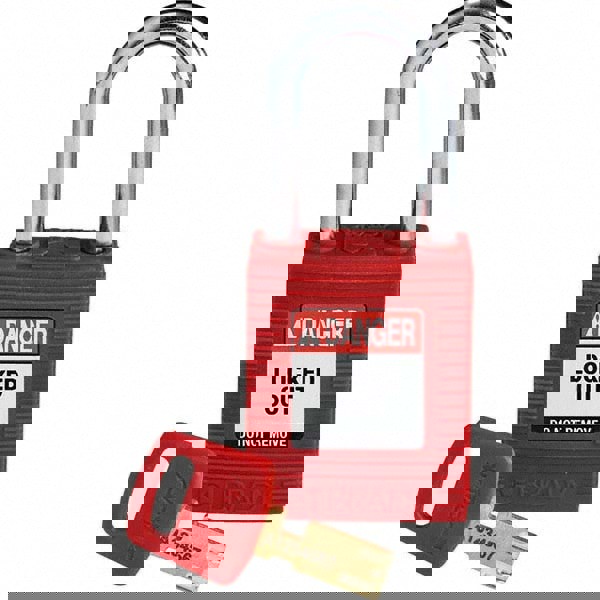 Lockout Padlock: Keyed Different, Key Retaining, Nylon, Steel Shackle, Red