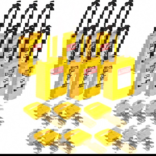 Lockout Padlock: Keyed Alike & Keyed Different, Key Retaining, Nylon, Plastic & Steel Shackle, Yellow