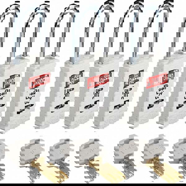 Lockout Padlock: Keyed Alike, Key Retaining, Nylon, Steel Shackle, White