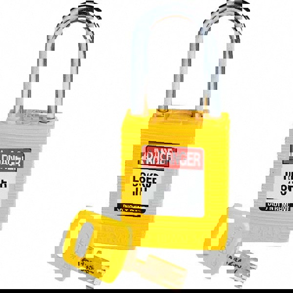Lockout Padlock: Keyed Different, Key Retaining, Nylon, Steel Shackle, Yellow