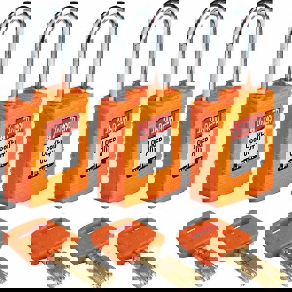 Lockout Padlock: Keyed Alike, Key Retaining, Nylon, Steel Shackle, Orange