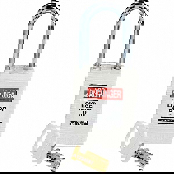 Lockout Padlock: Keyed Different, Key Retaining, Nylon, Steel Shackle, White