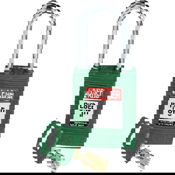 Lockout Padlock: Keyed Different, Key Retaining, Nylon, Steel Shackle, Green