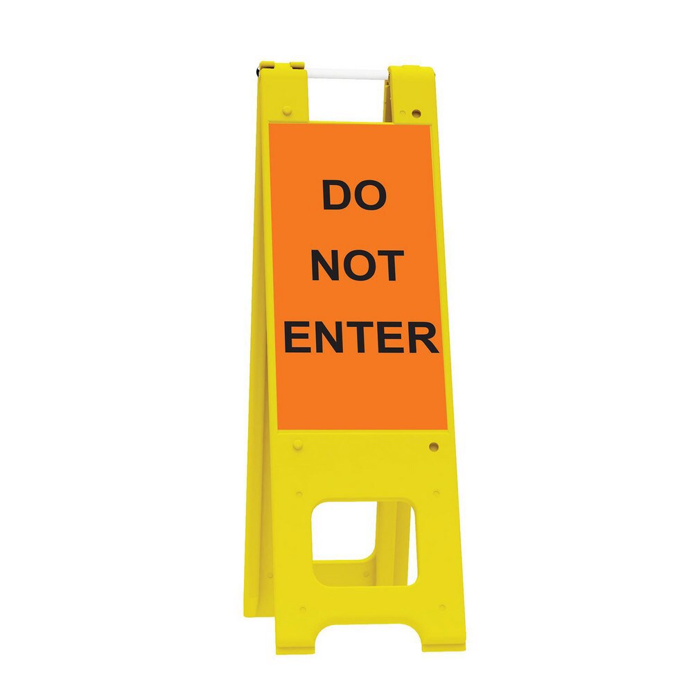 Pedestrian Barrier Sign Stand: Plastic, Yellow, Use with Indoor & Outdoor