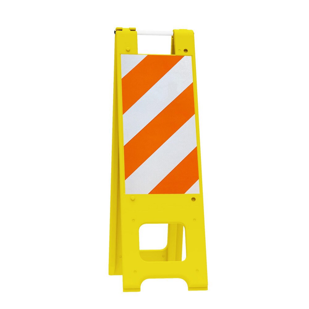 Pedestrian Barrier Sign Stand: Plastic, Yellow, Use with Indoor & Outdoor