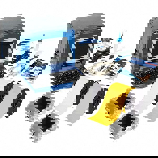 Electronic Label Makers; Power Source: Electric; Includes: (2) B30 Series R10000 Printer Ribbon Black; Documentation Holder; B30 Series 4x100' Yellow Label; BradyPrinter S3100 Sign and Label Printer; Cleaning Kit; B30 Series 4x100' White Label; Cutter Cle