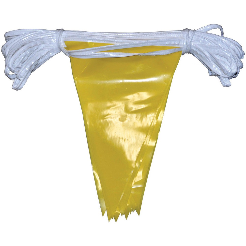 Pennants; Color: Safety Yellow ; Overall Length (Feet): 100.00 ; Pennant Length (Inch): 12 ; Pennant Width (Inch): 12 ; Number of Pennants: 17 ; Material: Plastic