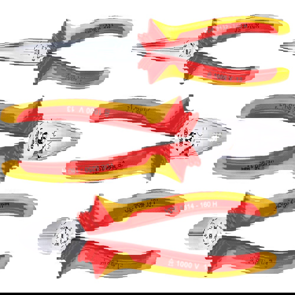 Plier Sets; Plier Type Included: VDE Combination, VDE Long Nose, VDE Side Cutter ; Overall Length: 160 mm; 180 mm ; Includes: VDE 8132-160 H; VDE 8250-180 H; VDE 8314-160 H PlierS ; Insulated: Yes ; Number Of Pieces: 3