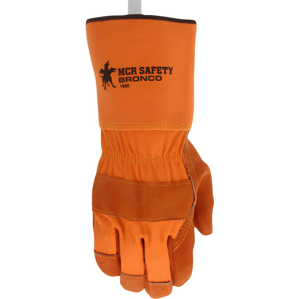 Work Gloves: BRONCO 1690, Size Large, Cowhide Leather Lined, Cowhide Leather, General Purpose