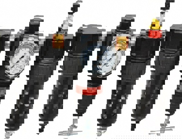 FRL Combination Unit: 1/2 NPT, Intermediate, 3 Pc Filter-Regulator-Lubricator with Pressure Gauge