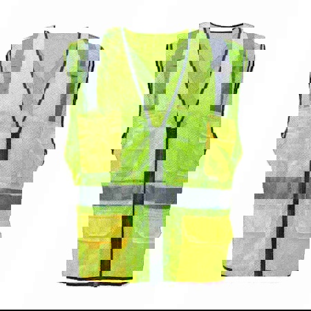 High Visibility Vests; Size: 5X-Large ; Color: Orange ; Closure Type: Zipper ; Number of Pockets: 6 ; Material Composition: Mesh ; Number of Horizontal Stripes: 4