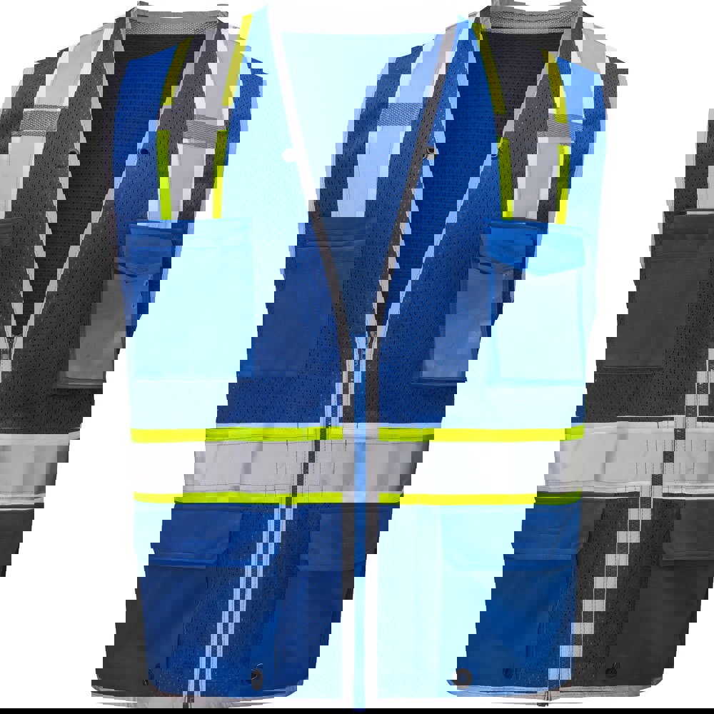 High Visibility Vests; Size: 2X-Large/3X-Large ; Color: Blue ; Closure Type: Zipper ; Number of Pockets: 6 ; Chest Size (Inch): 30-32 ; Material Composition: Mesh