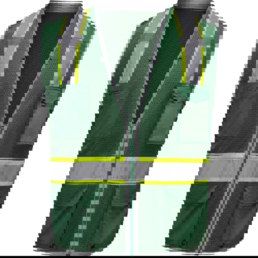 High Visibility Vests; Size: Large/X-Large ; Color: Dark Green ; Closure Type: Zipper ; Number of Pockets: 6 ; Chest Size (Inch): 28-30 ; Material Composition: Mesh