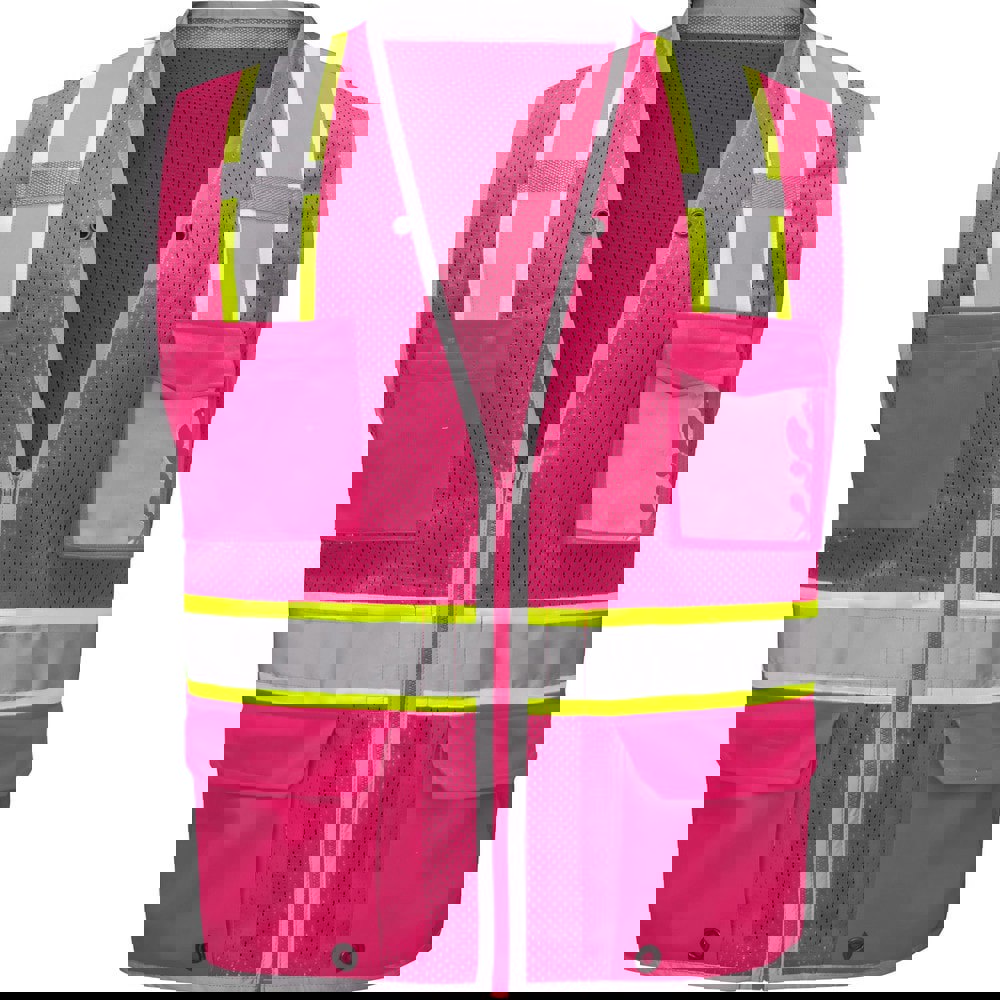 High Visibility Vests; Size: Large; X-Large ; Color: Pink ; Closure Type: Zipper ; Number of Pockets: 6 ; Chest Size (Inch): 28-30 ; Material Composition: Mesh