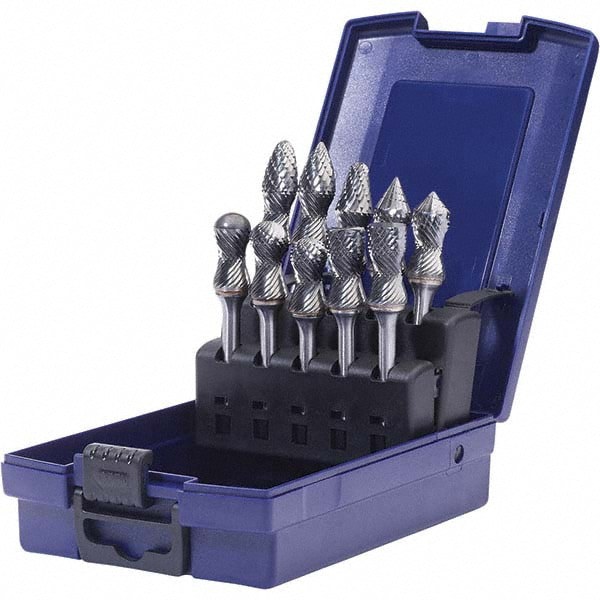 10 Pc Double Cut Burr Set with Ball Nose Cone, Cylinder, Pointed Tree, Rad/90&deg; Cone, Rad/Ball Nose Cylinder, Rad/Ball Nose Tree, Rad/Cylinder w/Endcut
