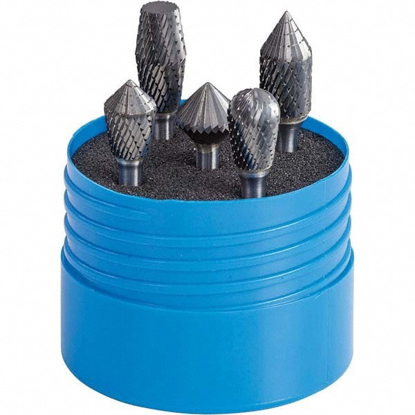 5 Pc Double Cut Burr Set with Combi/60&deg; Cone/Cylinder, Combi/90&deg; Cone, Combi/Ball, Combi/Double Inverted Cone, Combi/Inverted Cone/Cylinder