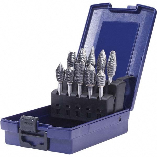 10 Pc Double Cut Burr Set with Ball Nose Tree, Combi/90&deg; Cone, Combi/Ball, Combi/Double Inverted Cone, Combi/Inverted Cone/Cylinder, Cylinder w/Endcut, Pointed Tree