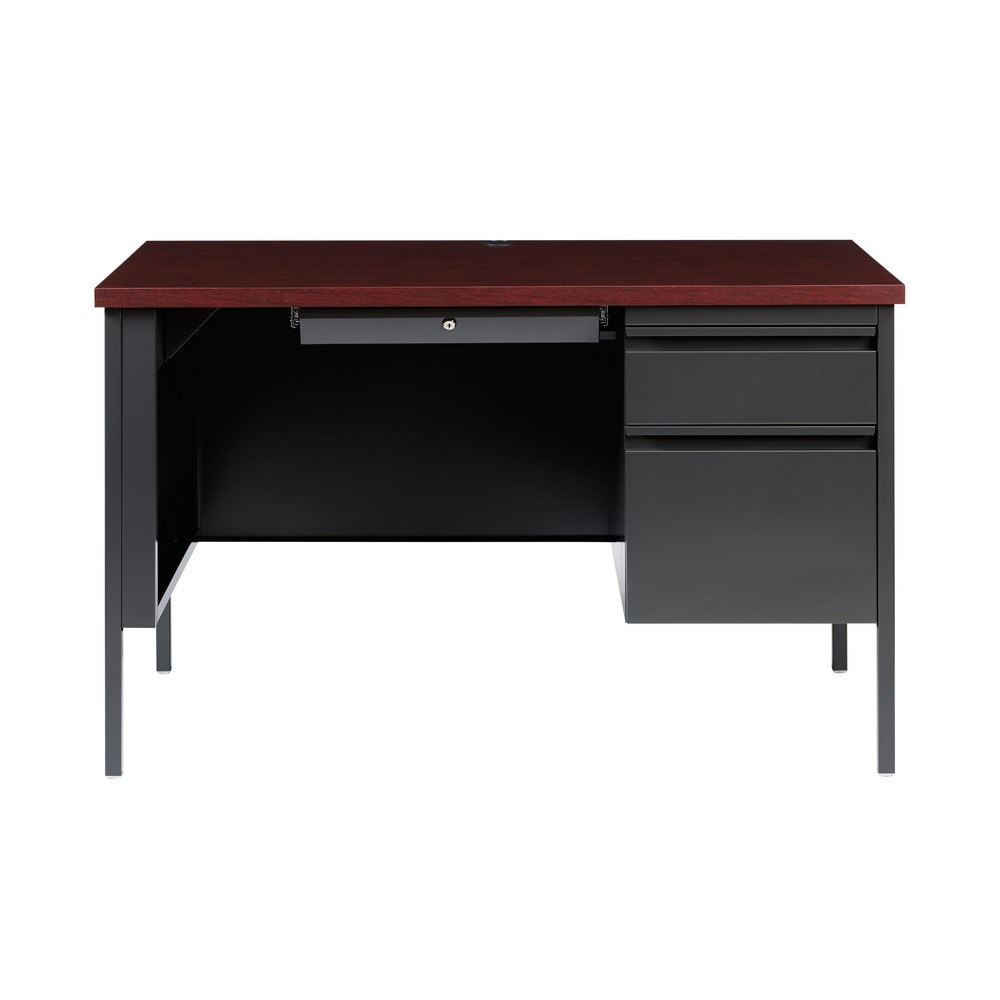 Steel Base Right Pedestal Desk: Woodgrain Laminate Top, Mahogany & Charcoal