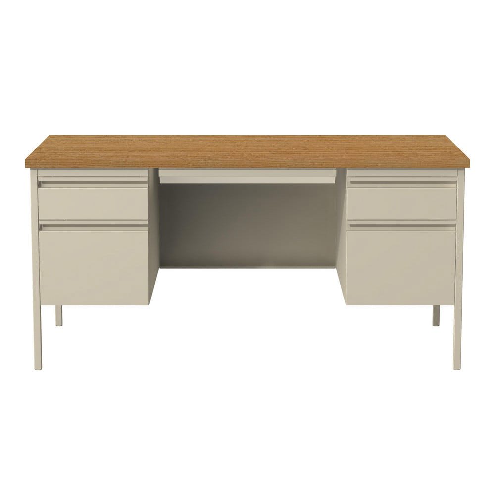 Steel Base Double Pedestal Desk: Woodgrain Laminate Top, Putty & Oak