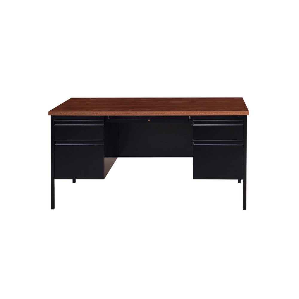 Steel Base Double Pedestal Desk: Woodgrain Laminate Top, Black & Walnut